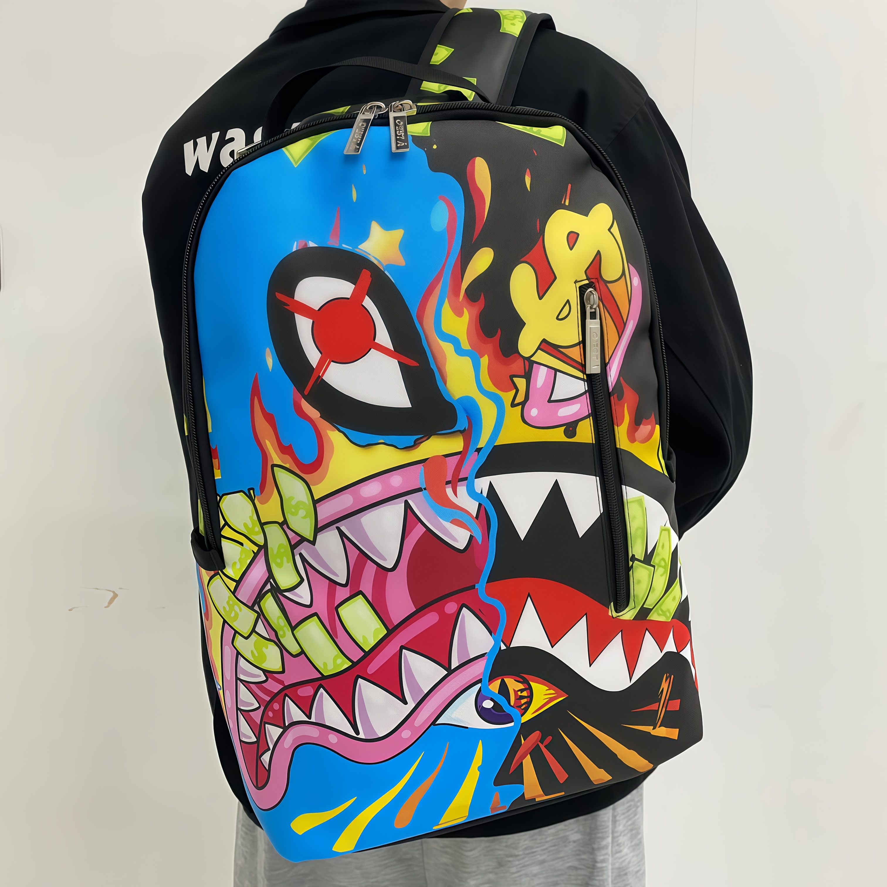 

1pc Fashion Shark Mouth Print Men's Backpack, Leather, Large Capacity, Commuter Travel Bag, Washable, Non-rechargeable Battery, Casual Daily Use