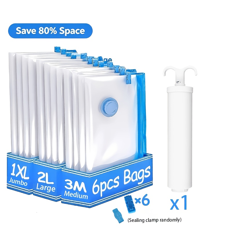TEMU 13pcs Storage Set - Vacuum Storage Bags, [ 2l 1xl Vacuum Compression Bags And 6pcs Sealing Clips 1pc Manual Pump] - Space- Compression System,