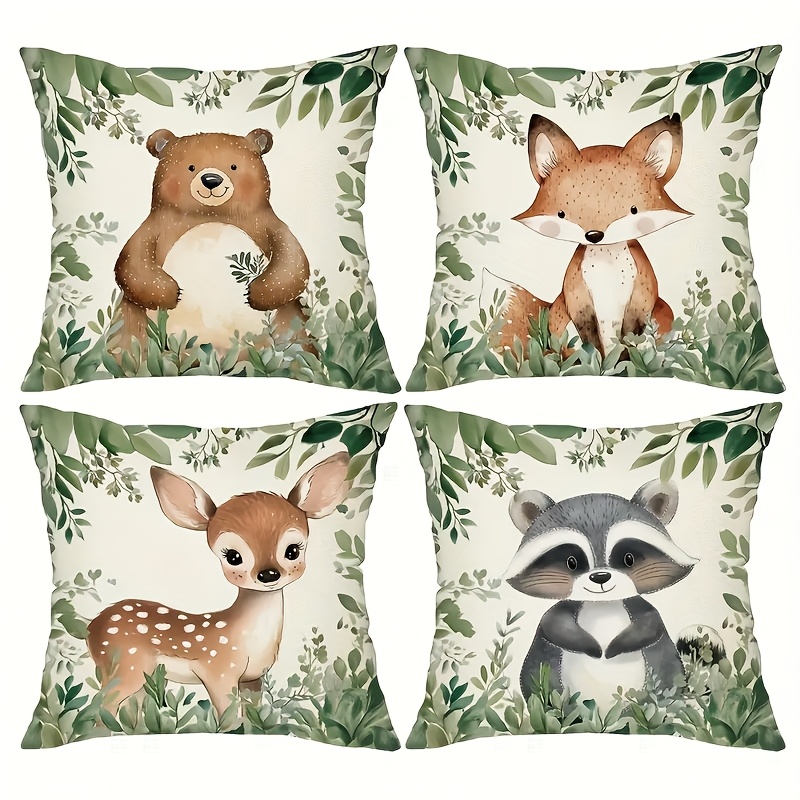 TEMU 4pcs Of Cute Animal-themed Pillow Covers Featuring Green Plant Elements, And That Fosters A Cozy Atmosphere. Soft And Comfortable, Suitable For