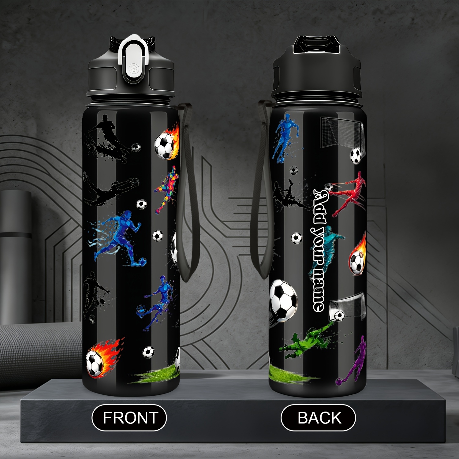 TEMU 1pc, Personalized Theme 25oz/750ml Custom Name Water Bottle, Dynamic Soccer Competition Print Series, Large Capacity Leak-proof Sports Cup,