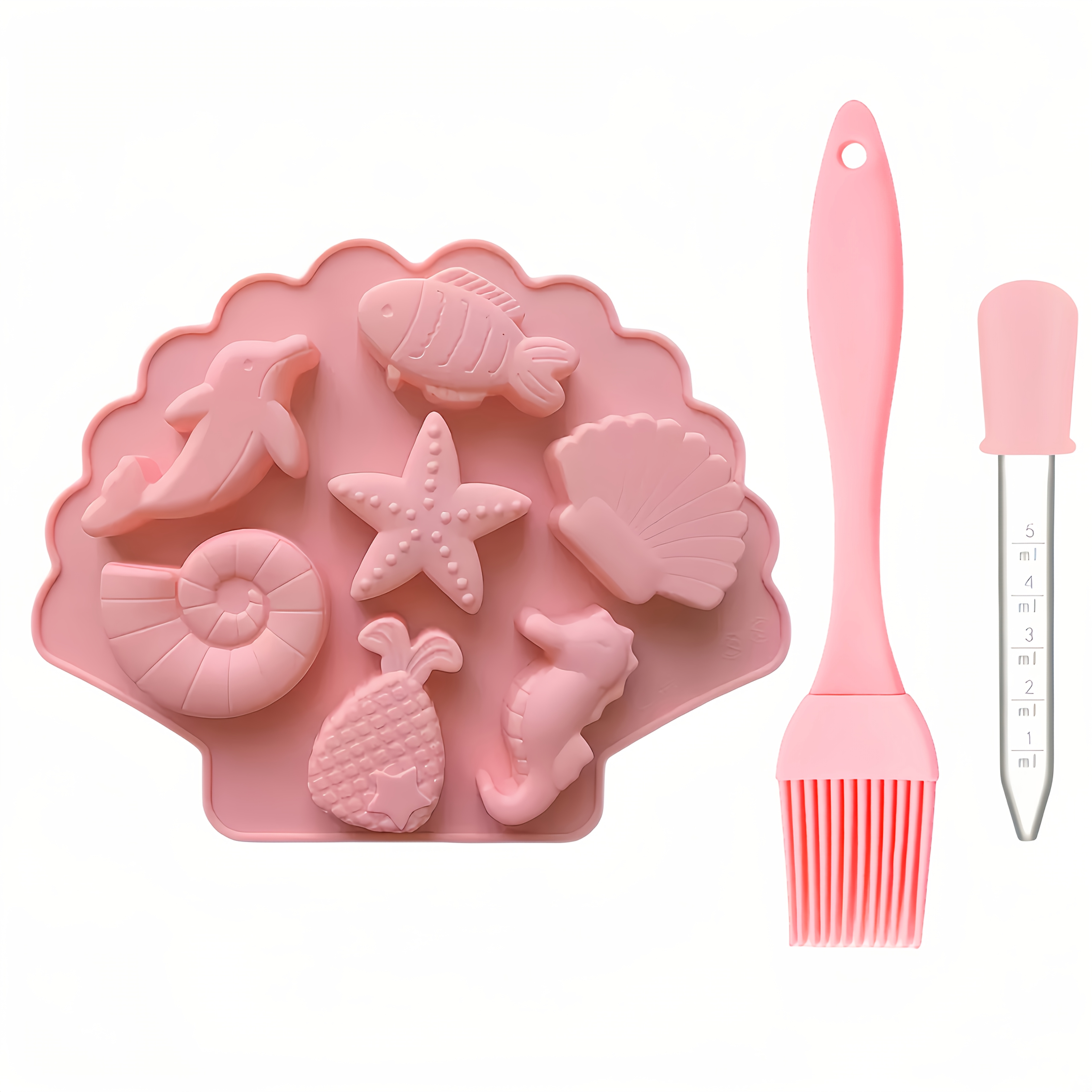 TEMU New 3pcs Set (7-hole Ocean Silicone Mold, 1 Brush, 1 Dropper), Shell, Starfish, Conch, And Molds, Suitable For Candle, Soap, Resin Crafts, And