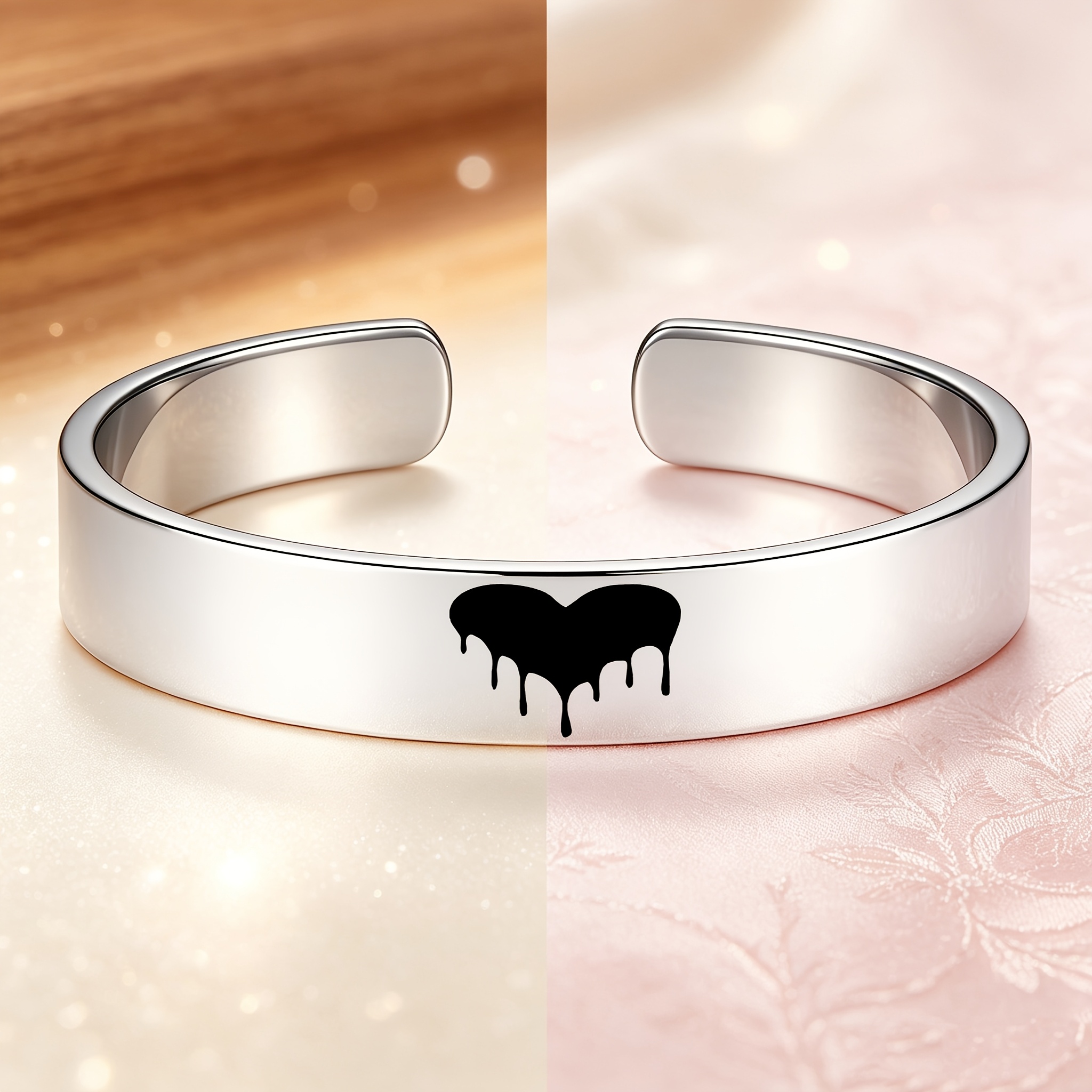 Ink-drip Heart-pattern Stainless Steel Open Bangle Bracelet