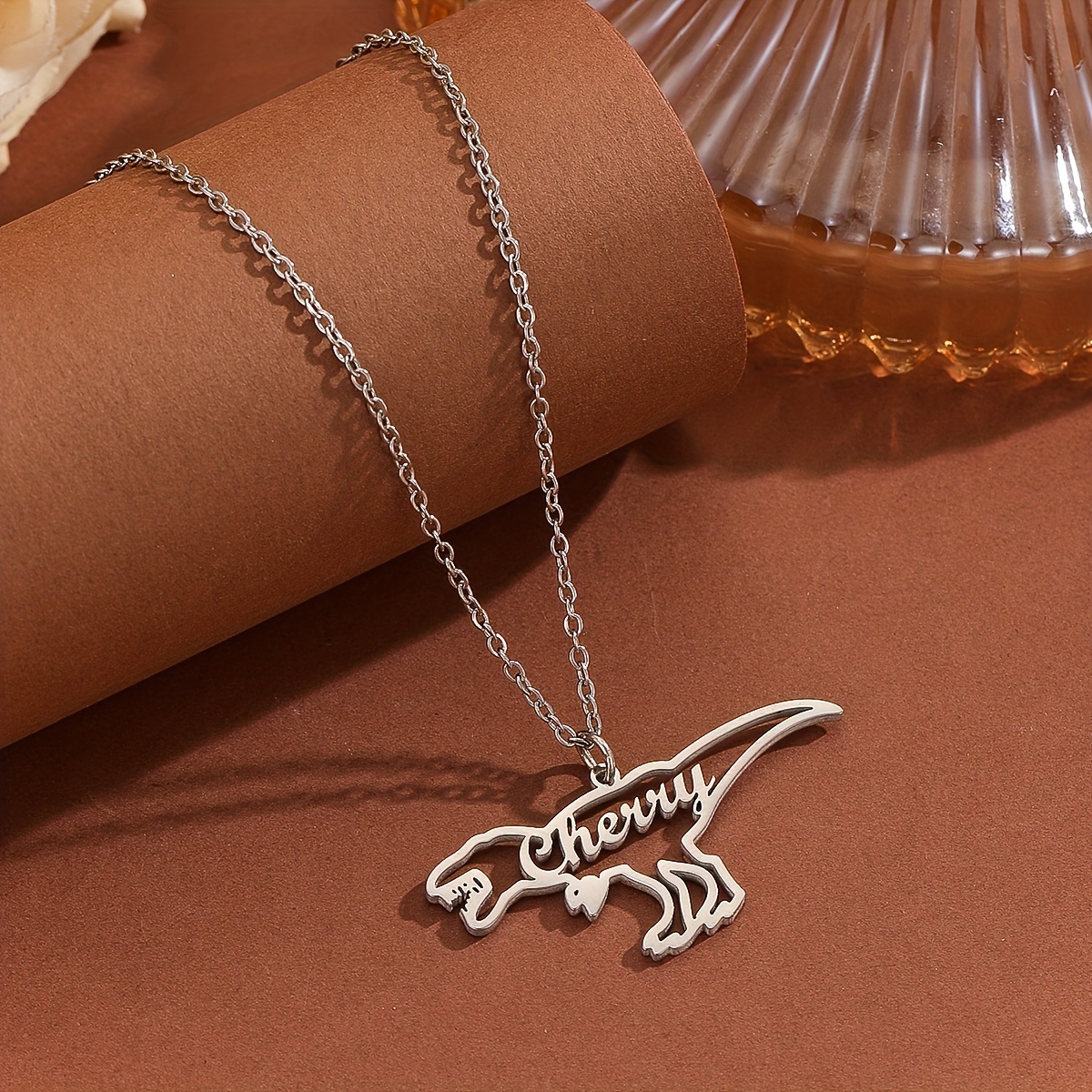 E-shop Personalisierte Halskette mit Dinosaurier-Anhänger, individueller Namensaufdruck, Mode, Edelstahl (304), Wildtier-Schmuck, Jungen Geschenk