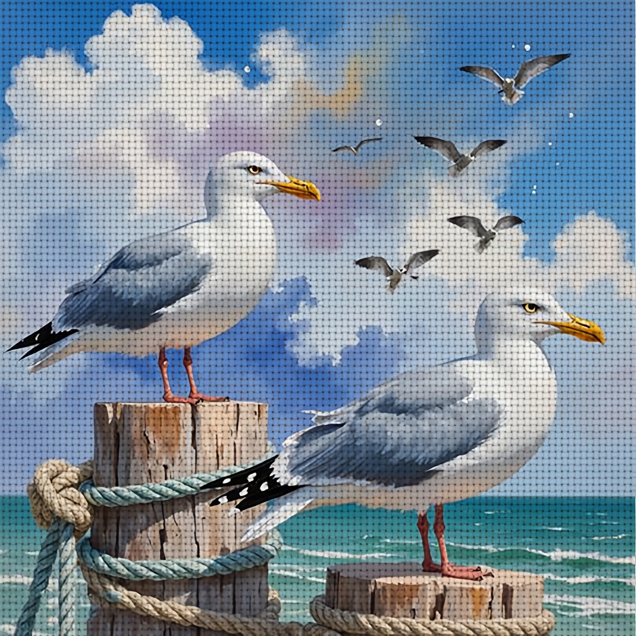 TEMU Kit de point de croix 1pc | Motif "Mouettes au sur un ", Idéal pour les débutants, Inclut toile, aiguilles, motif et instructions, Parfait pour