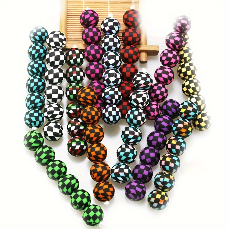 

50pcs Mixed Color Grid Pattern Round Silicone Beads, 15mm Loose Graffiti Silicone Beads For Making Keychain Creative Pens Decoration Beads