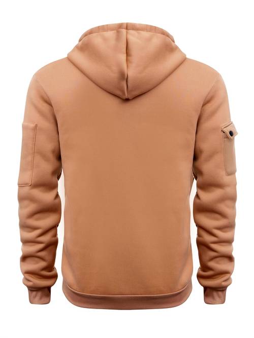 1pc mens polyester hoodie casual velvet notched collar pullover with multiple zippers pockets stretch knit fabric solid color loose fit for outdoor