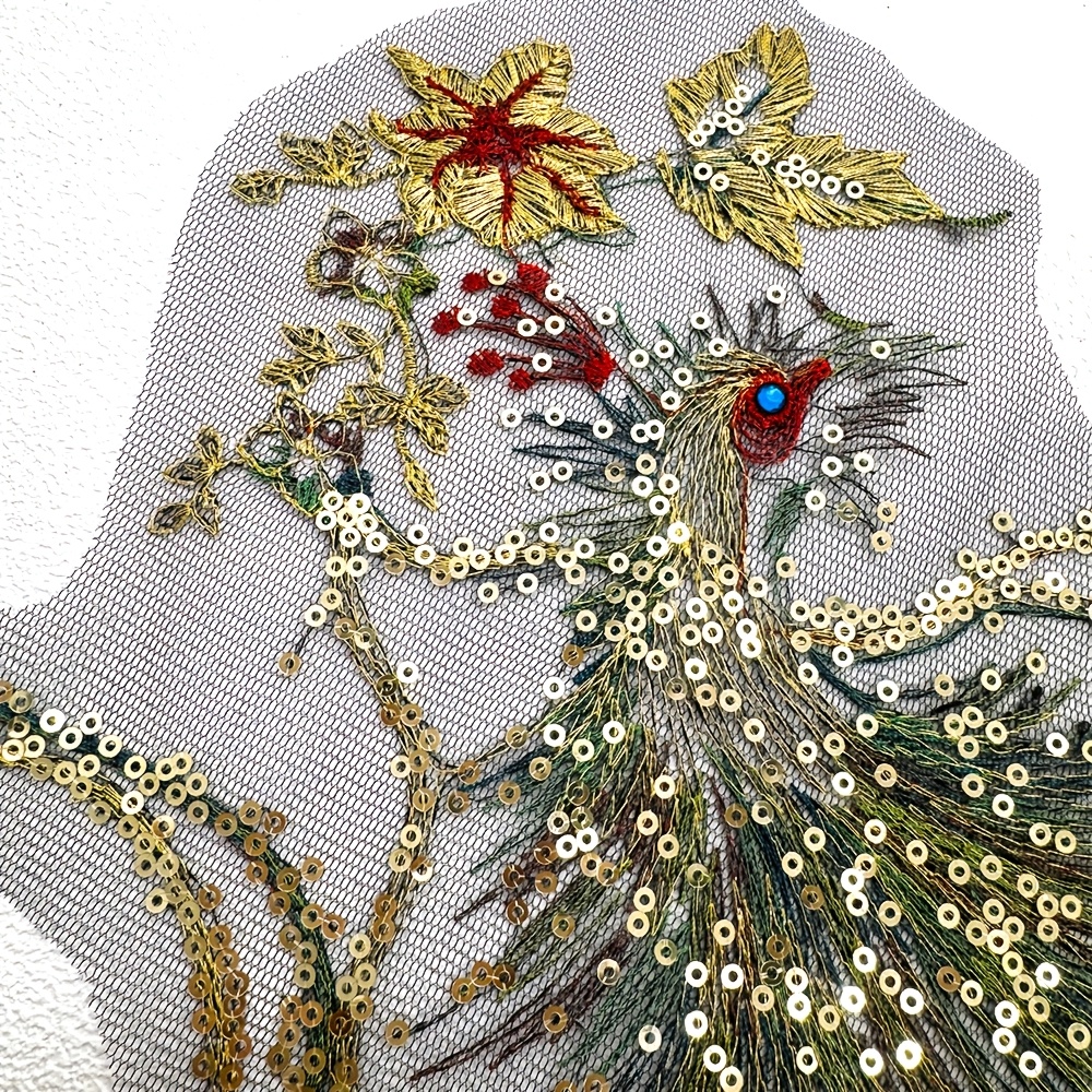 Large Golden Thread Embroidered Phoenix & Peacock Fabric Applique Patch