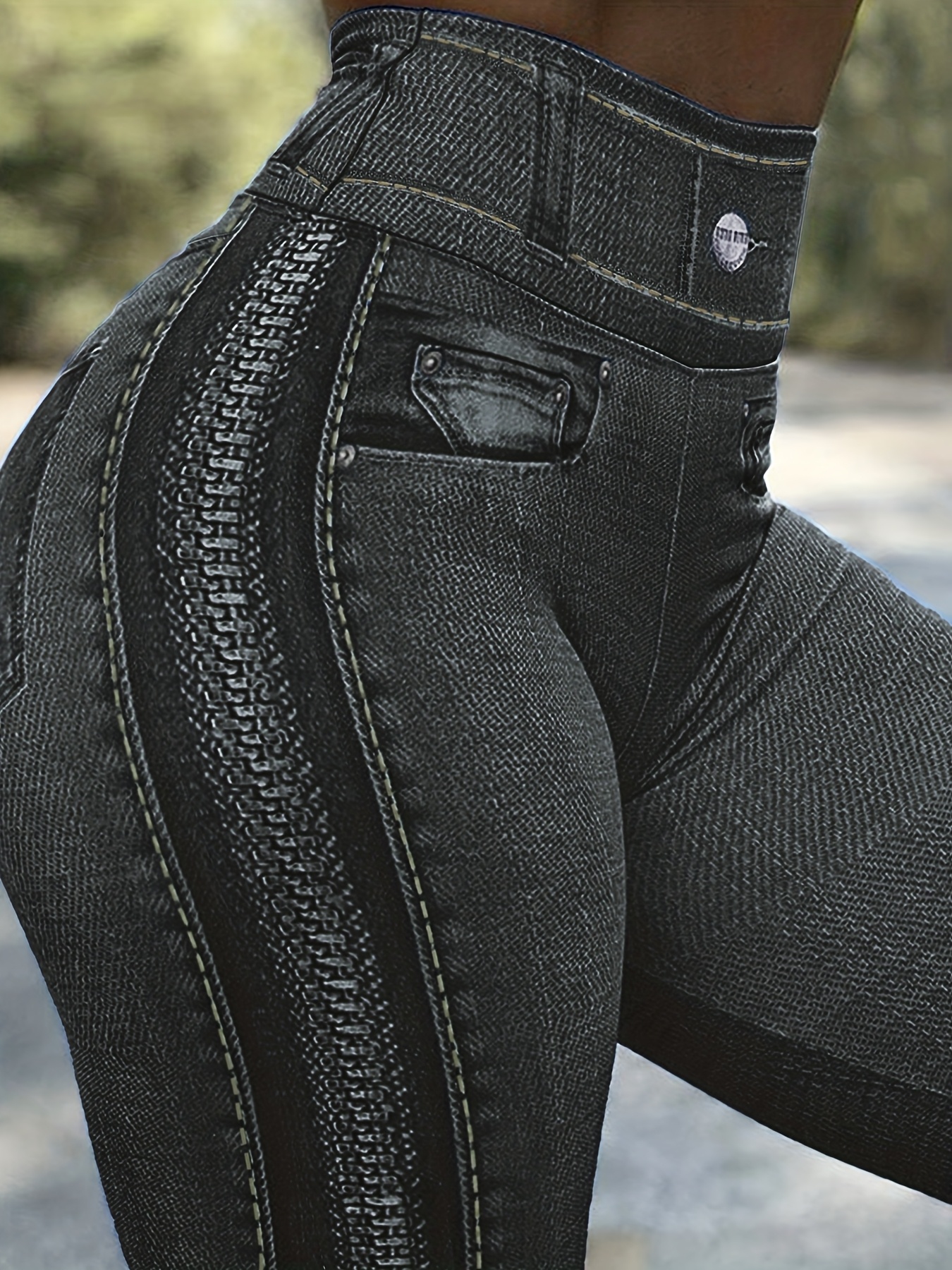 [Denim Print/Imitation Denim] Women's High-Waisted Skinny Jeans-Like Leggings - Washed Denim-Like Stretch Pants with   & Faux Button Closure, All-Season Tummy Control, Machine Washable Imitation Jeans for Jeans-As-Outerwear (Casual/Dress)