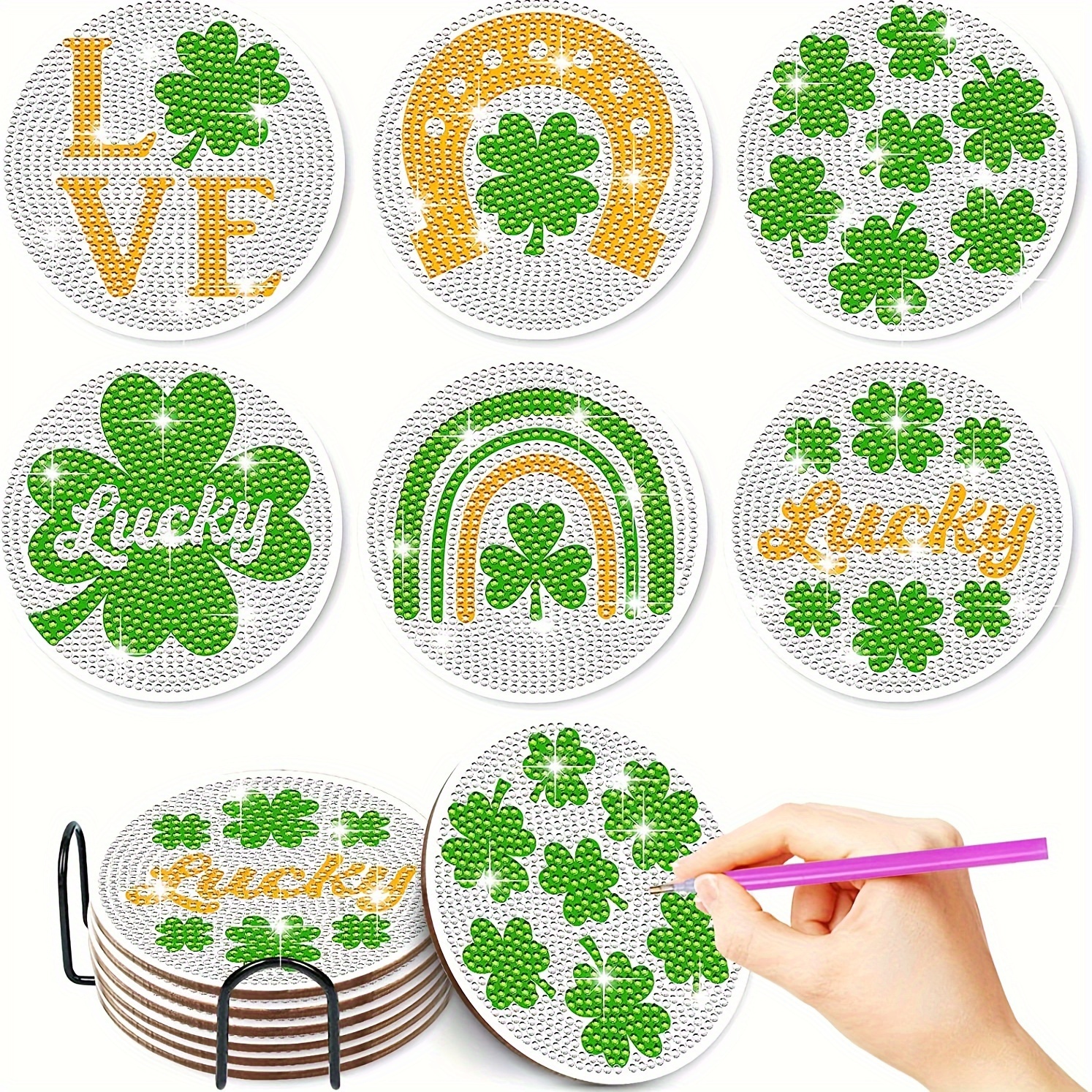 

6pcs Coaster Kit With Stand, Diy Art Coaster Set, Round Diamonds, Plant Theme, Wood Material, Beginner Gem Art Craft Gift