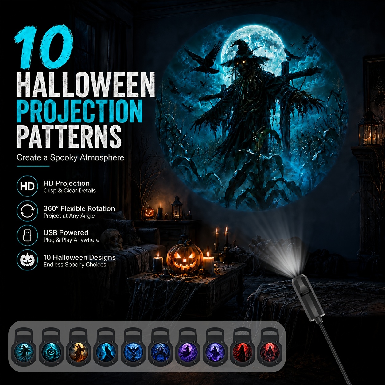 TEMU Luci proiettore di Halloween, 10 motivi di spettrali alimentati tramite USB, decorazioni di Halloween regolabili a 360簞 per interni, camera da
