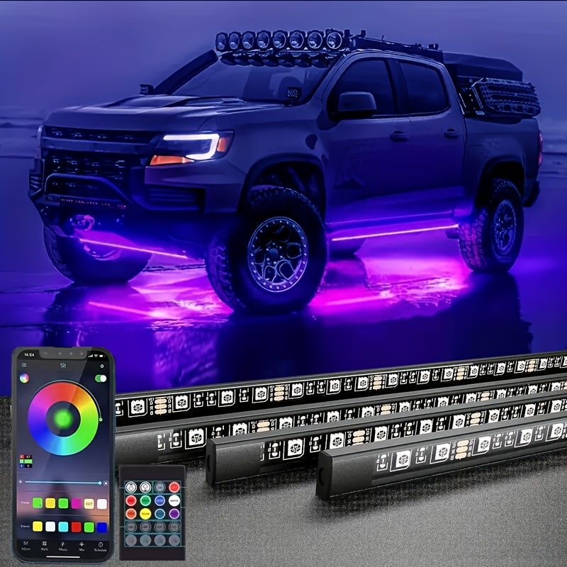 TEMU 4pcs Sound Active Car Neon Accent Strip Lights - Wireless Remote Control, App Control 16 Million Colors, , Light Strips For Car Van Suv Truck