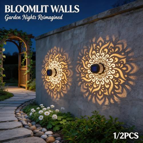 1/2 stuks warm licht mandala projectie solar lampen voor buiten hek muur, decoratieve led schaduw lamp creëert magische gouden nacht sfeer voor tuin patio achtertuin dek binnenplaats pad veranda relingen en oprit verfraaiing