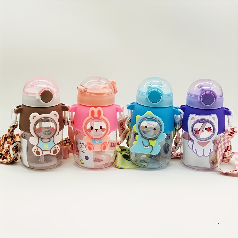 600ML Kids Cute Cartoon Pattern Straw Water Bottle Plastic Fall-resistant Outdoor Portable Straw Water Cup with Lanyard