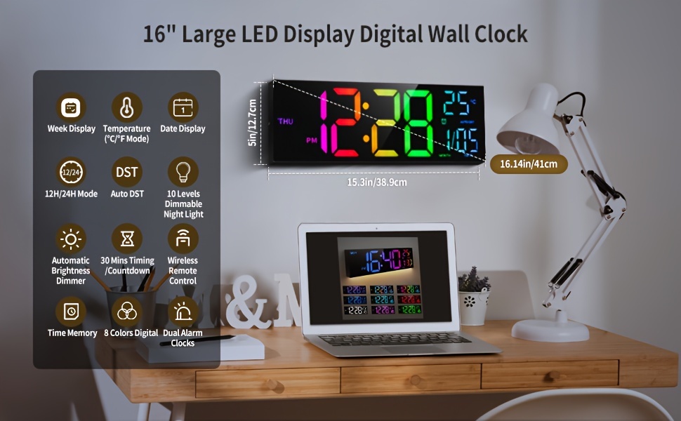 grande horloge murale 16 pouces avec télécommande sans fil affichage 8 couleurs vibrantes température date d'été automatique luminosité réglable utilisation intérieure et extérieure idéale pour la maison bureau salle de classe horloge pour salon détails 0