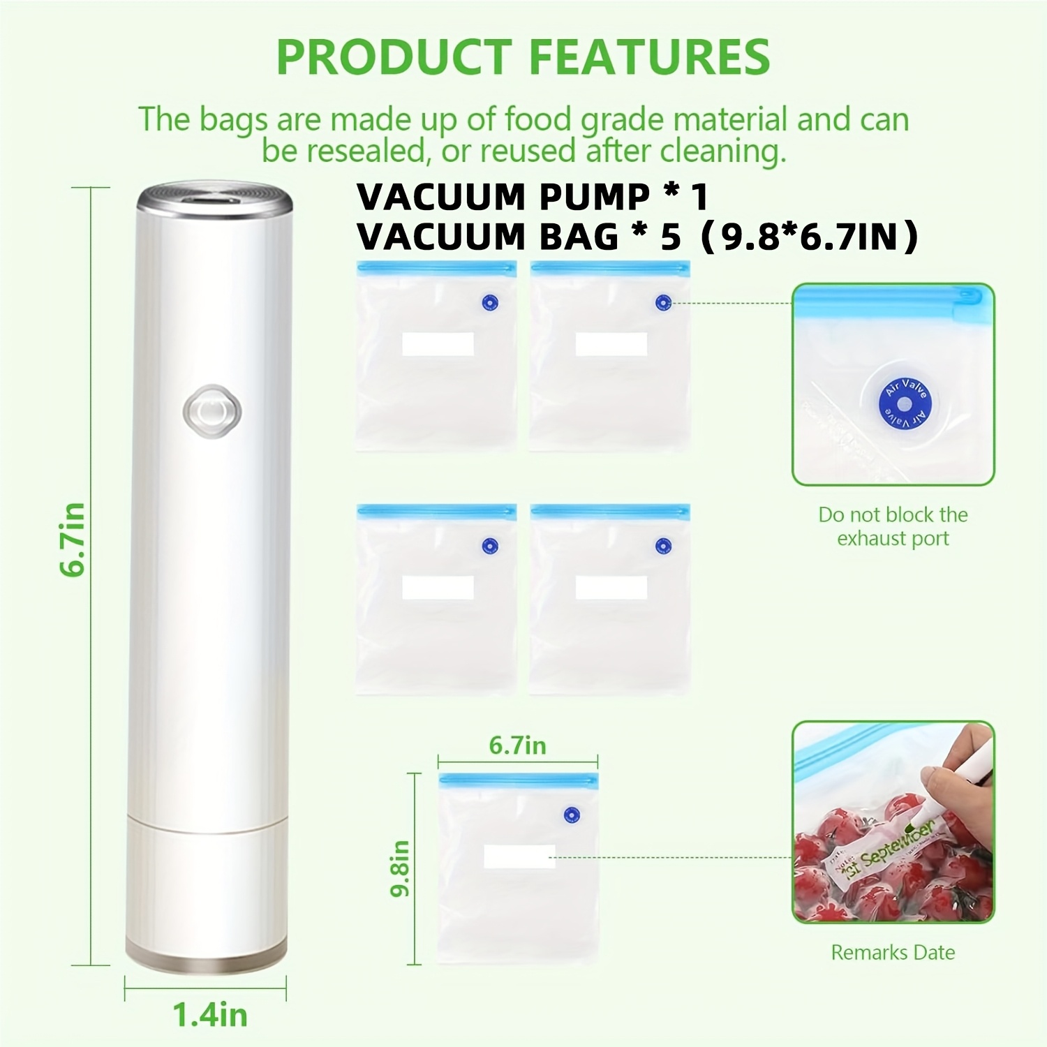 TEMU Handheld Vacuum Sealer And 5pcs Food Vacuum Storage Bags Usb Powered - Includes Food Storage Bags For Preservation Of Fruits, Grains, Nuts,