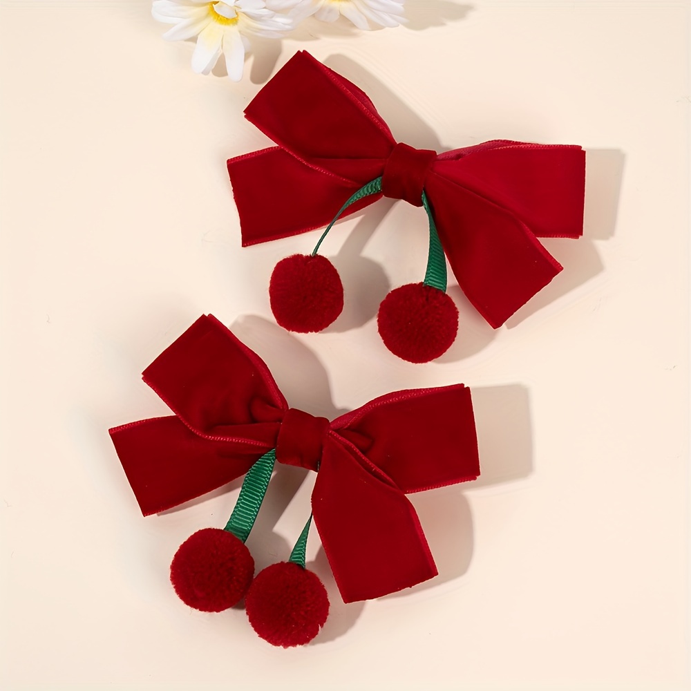 Image of 2pcs Cute Cherry Bow Hair Clips For Girls Pompom Tassel Decor Cute Bow Hair Clips Accessories For Girls Christmas