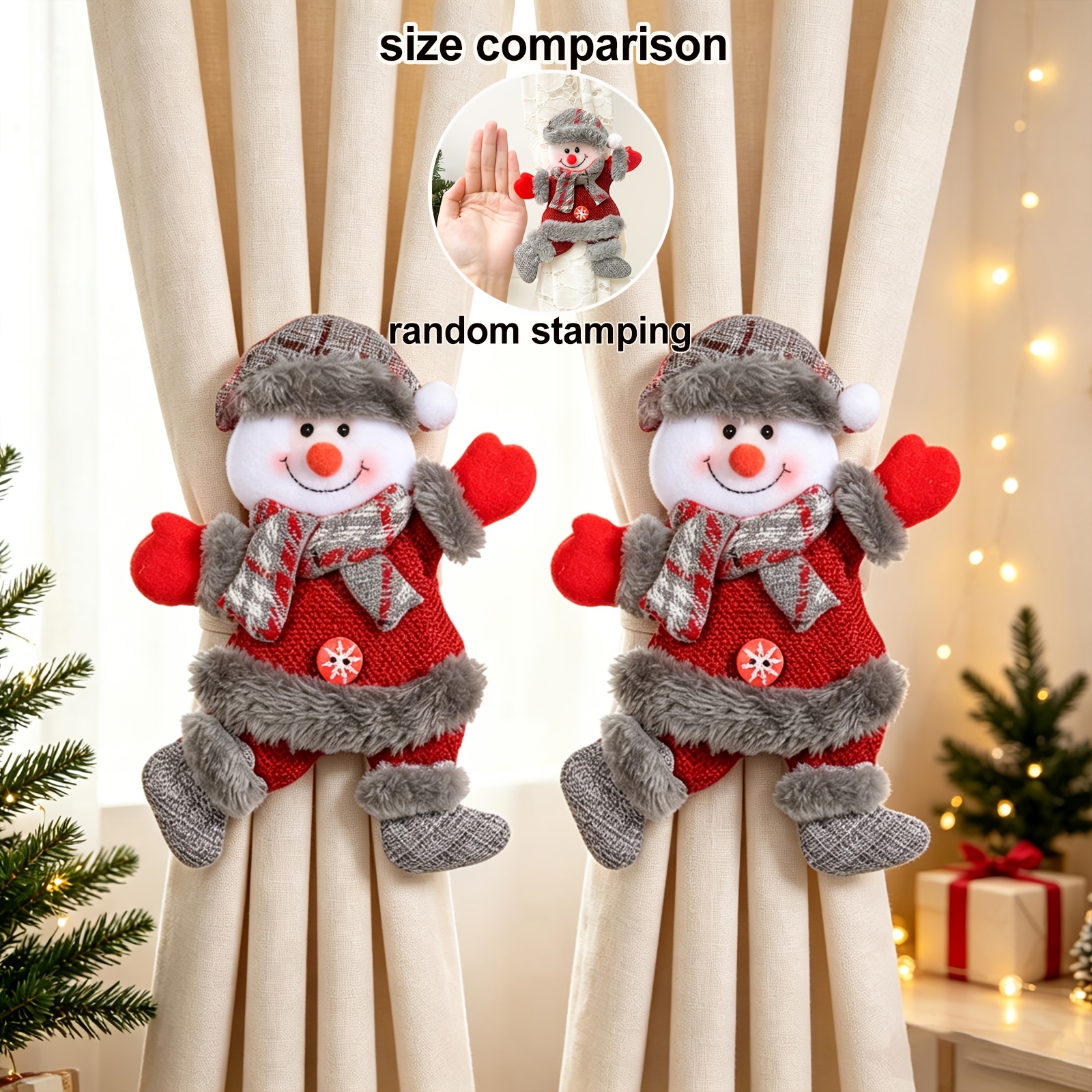 TEMU 2pcs Set Creative Christmas Santa Tiebacks 2026 Christmas Snowman New Year Curtain Holder With Winter Gray Plush Design For Christmas Xmas