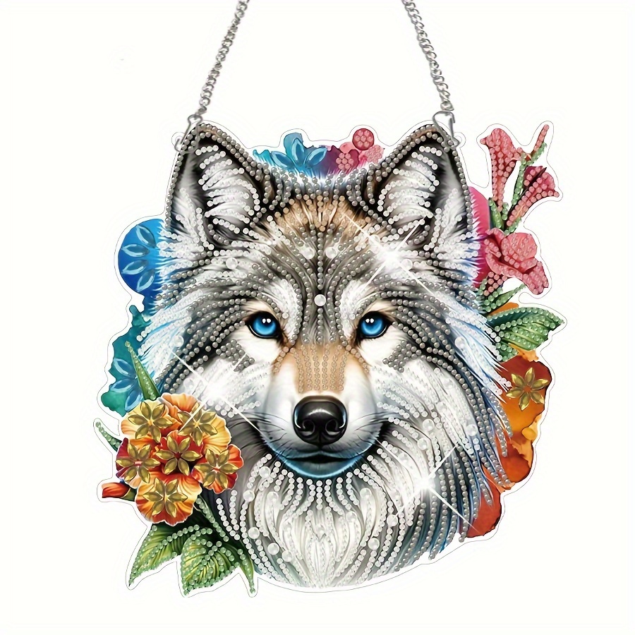 

1pc Diy Acrylic Diamond Painting Kit With Round Diamonds, Wolf Head Design, Special Shaped Art Pendant For Desk Decoration And Gifting