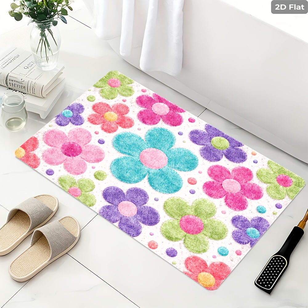 TEMU 2d Flat 1pc Colorful Flower Pattern Flannel Floor Mat, Cute Cartoon Style, For Entryway/outdoor/bedside/bathroom/indoor/doorway