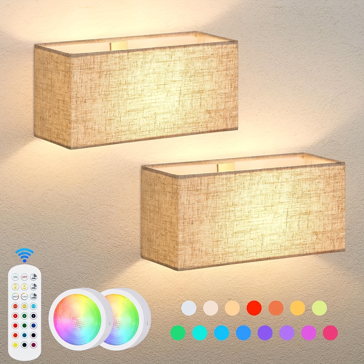 

Battery Operated Wall Sconces Set Of 2 - Dimmable Led Wall Lights With Remote Control, 15 Color Changeable Wall Mounted Lamps With Fabric Shade, Magnetic Led Wall Light Fixtures For Bedroom Hallway