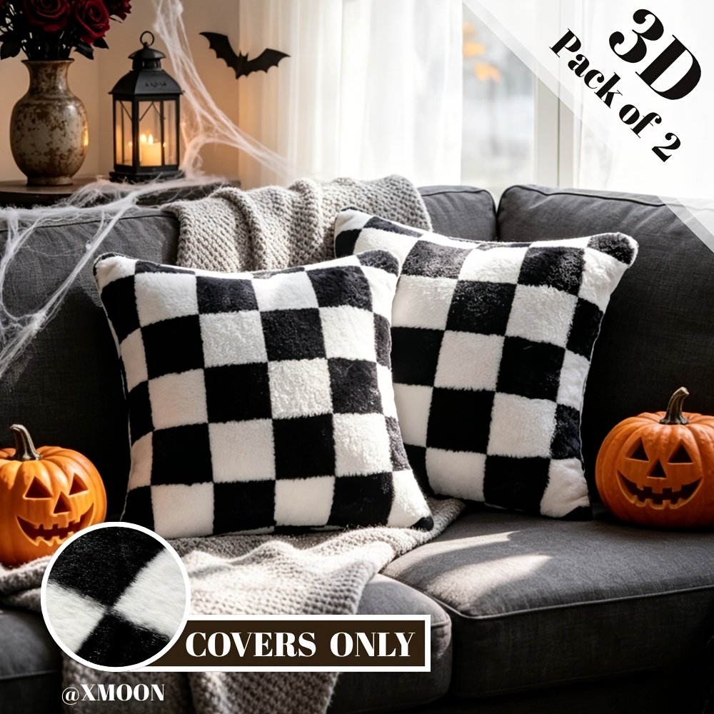 TEMU 2pcs Black White Checkerboard Faux Rabbit Fur Plush Pillow Covers 18x18/12x20 Inch Soft Cozy Minimalist Luxury Scandinavian Cushion Covers For
