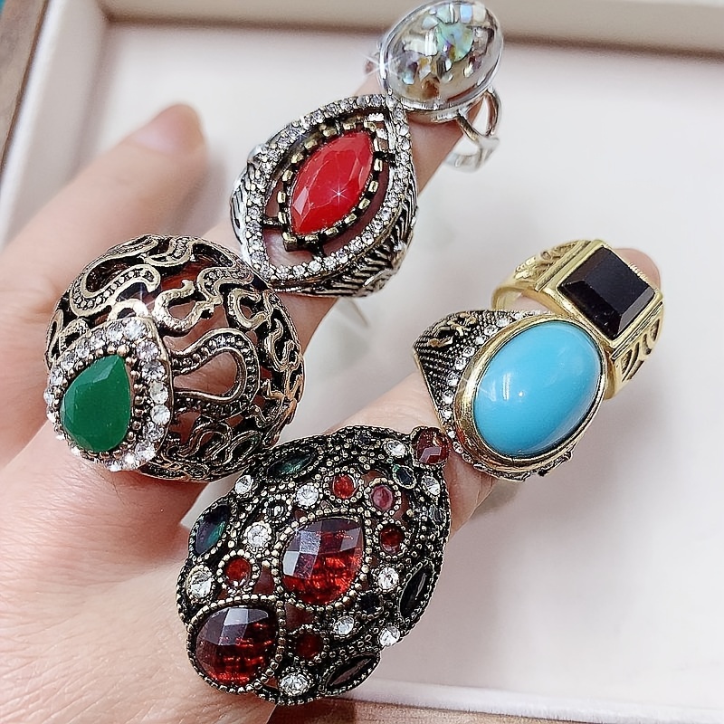 10 pack vintage exaggerated synthetic turquoise alloy rings luxury ethnic style assorted pairs heart shaped synthetic stone alloy no power required for party wedding valentines day   accessory jewelry   assorted op bag packaging details 1