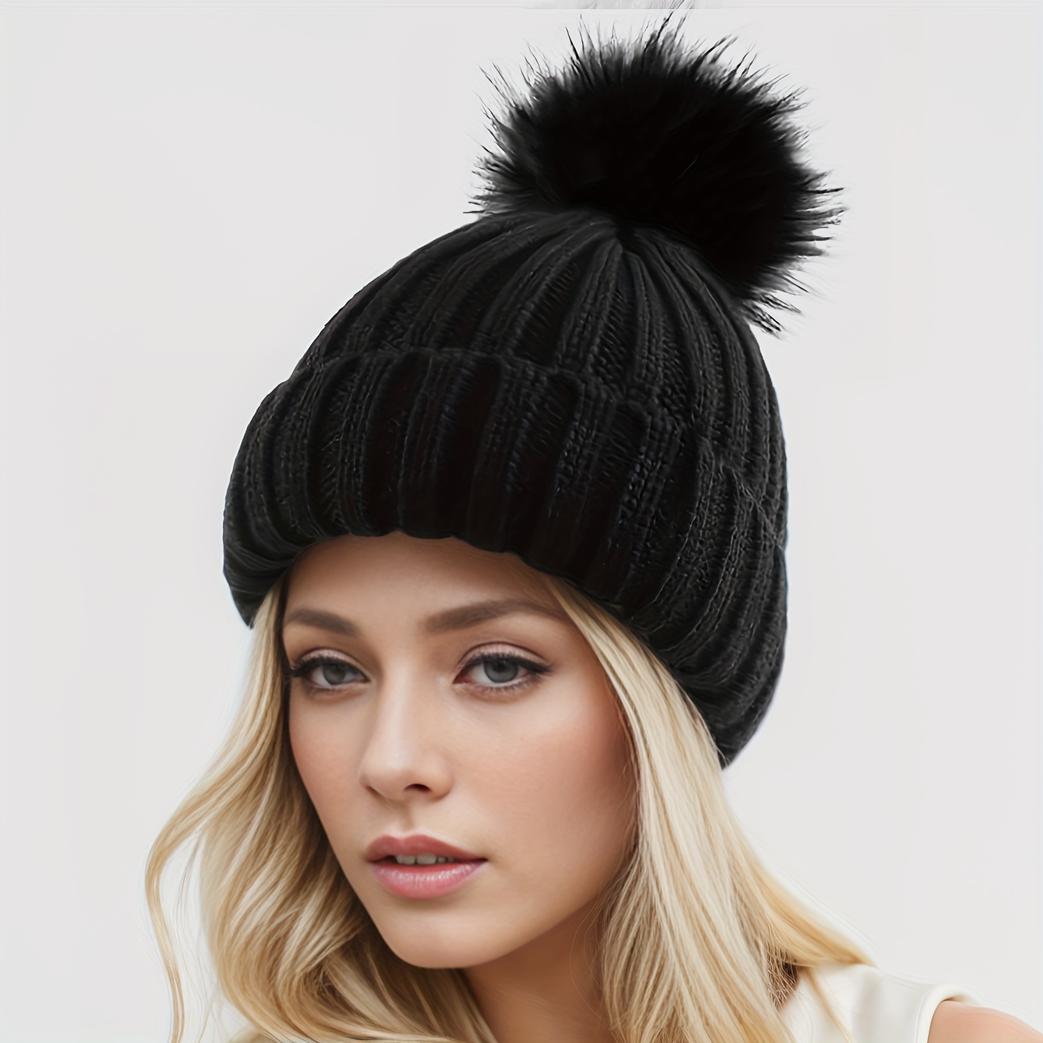 

Cozy Knit Beanie With Pom - Classic Solid Color, Stretch Fit For Women | Machine Washable