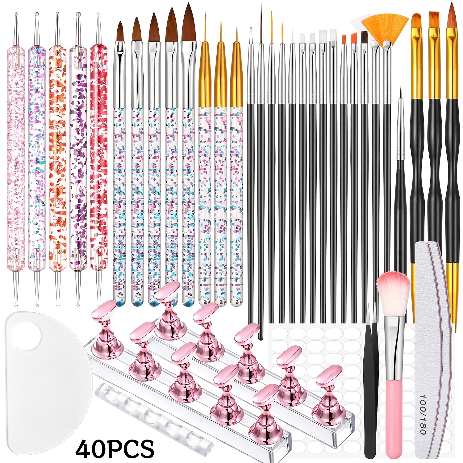 TEMU Ensemble complet de 40 pièces Dxebig de pinceaux et outils professionnels pour nail art avec supports d'entraînement, palette, lime à ongles,