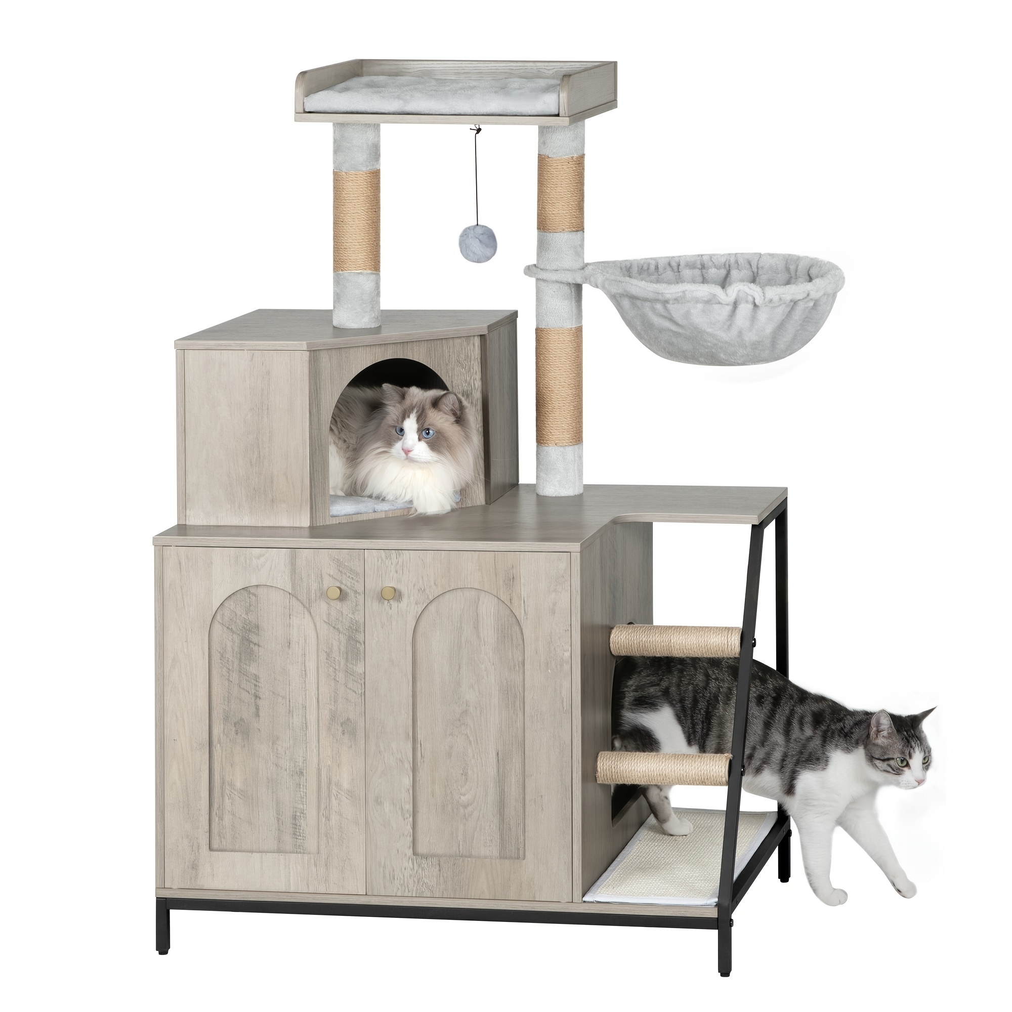 Image of Cat Tree With Litter Box Cabinet, Cat Cabinet, 4-in-1 Modern Cat House With Large Platform, Cat House With Sisal Scratching Mat, Posts, Stairs And Pompom, Washable Cushions, Light Ivory/white