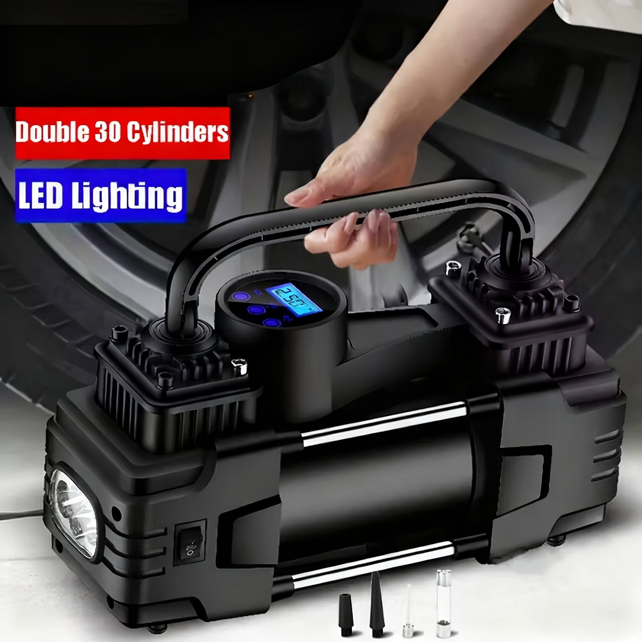 TEMU Portable Powerful Dual-cylinder Air Pump 12v 150psi Tire Inflator With Led Digital Pressure Gauge Led For Car Suv Bike Basketball No Battery