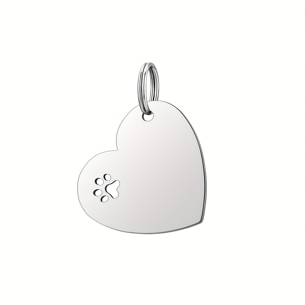 TEMU 2025 New Blank Heart-shaped Pet Id Tag, Diy Laser-engraved Name Tag For With Cute Paw Print Design, Stainless Steel, Pet Identification, Stylish