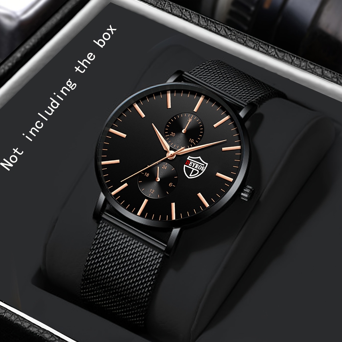 TEMU Black Quartz Watch With Stainless Steel Mesh Band, Black Dial & Red Hands, High Quality 30m, /digital Display, Date/day/stopwatch/chronograph,