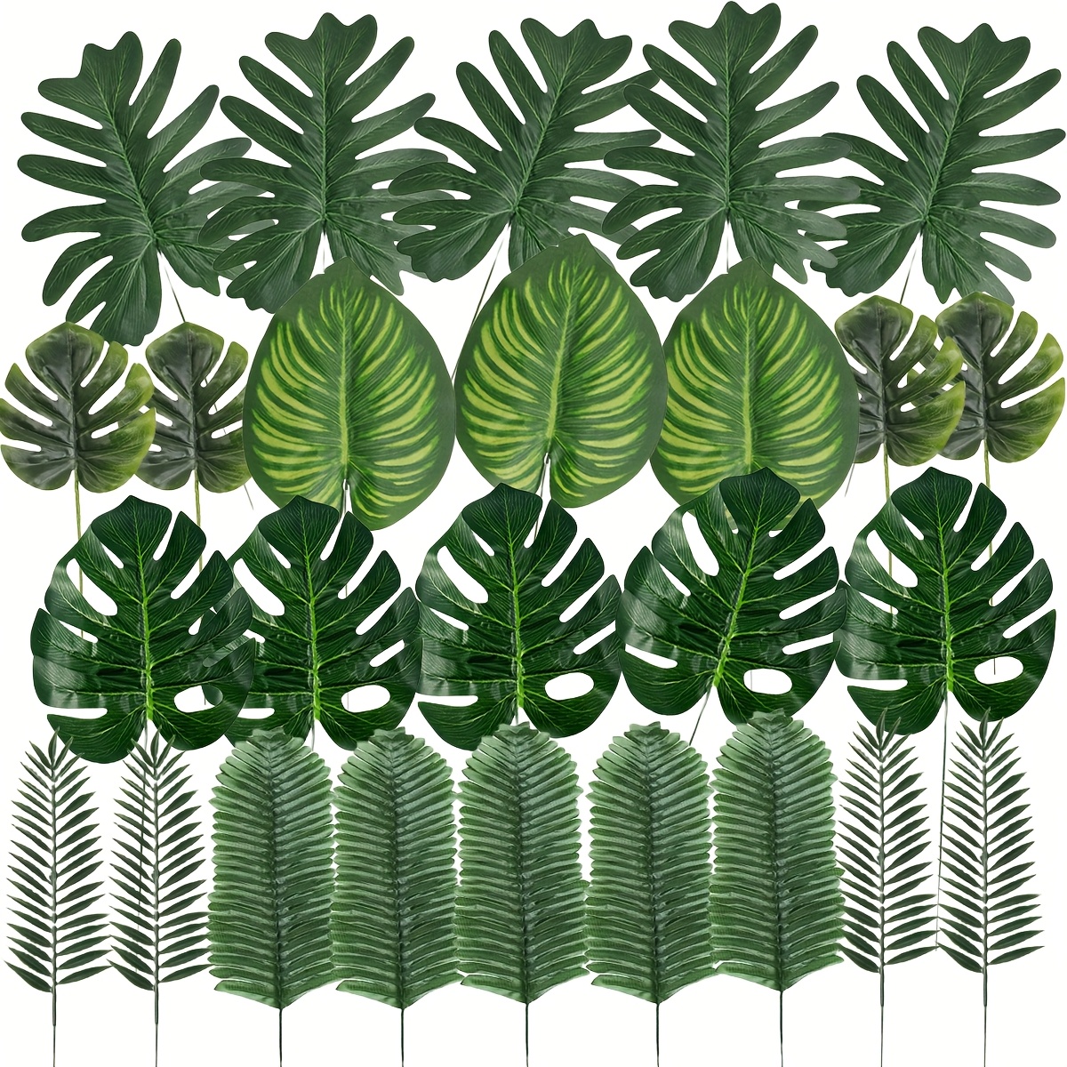 Image of Set Of 45 Artificial Palm Leaves In 6 Varieties, Perfect For Decorating Tables At A , Jungle, Hawaiian, Or Dinosaur Luau Party