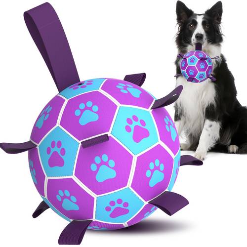 pet dog toy with built in webbing air pump interactive soccer ball dog toy for indoor outdoor use purple blue soccer ball suitable for small medium and large dogs
