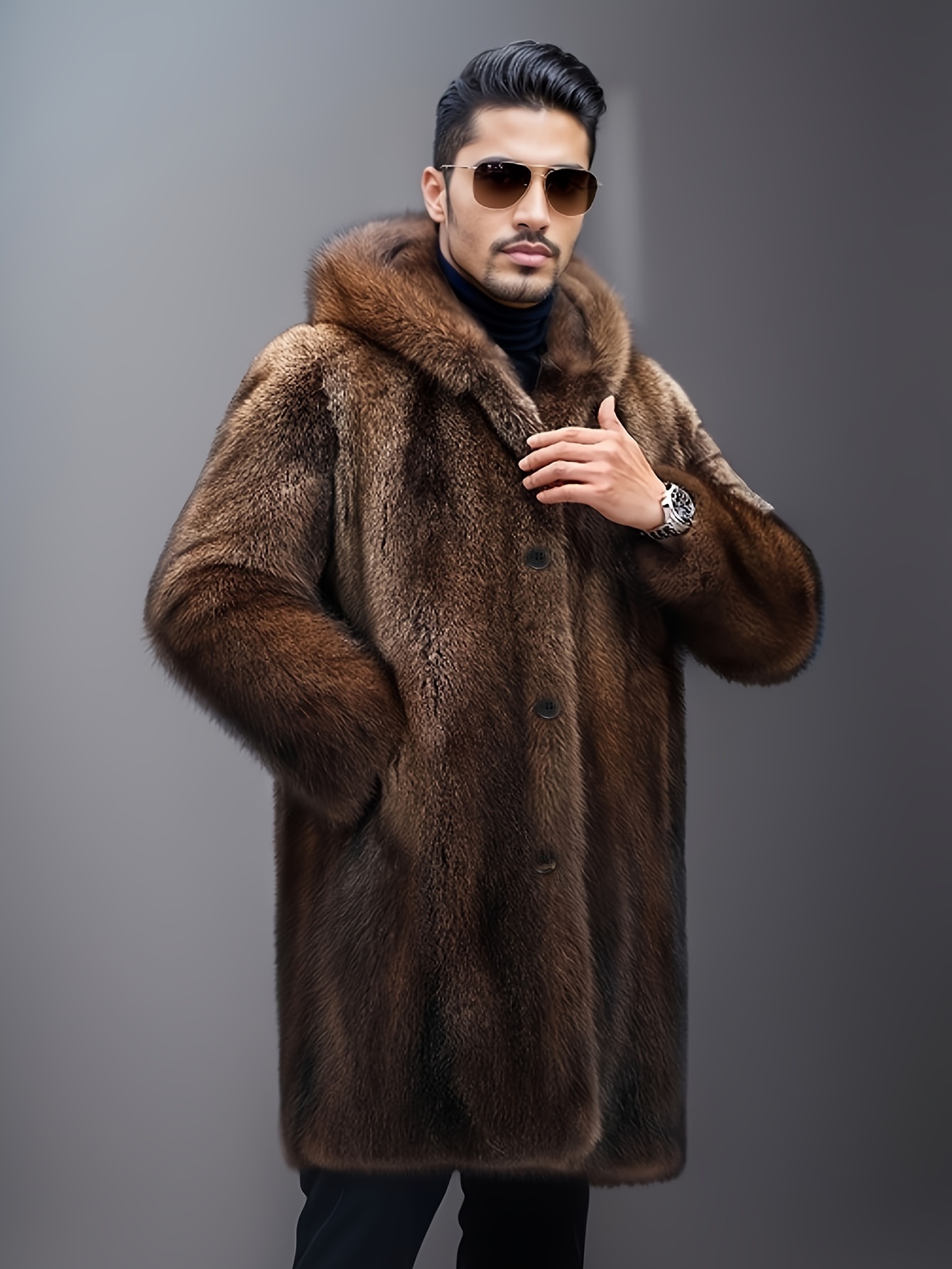 Piel Abrigo Largo Con Capucha Hombre Invierno Largo Gabardina De - Main Image