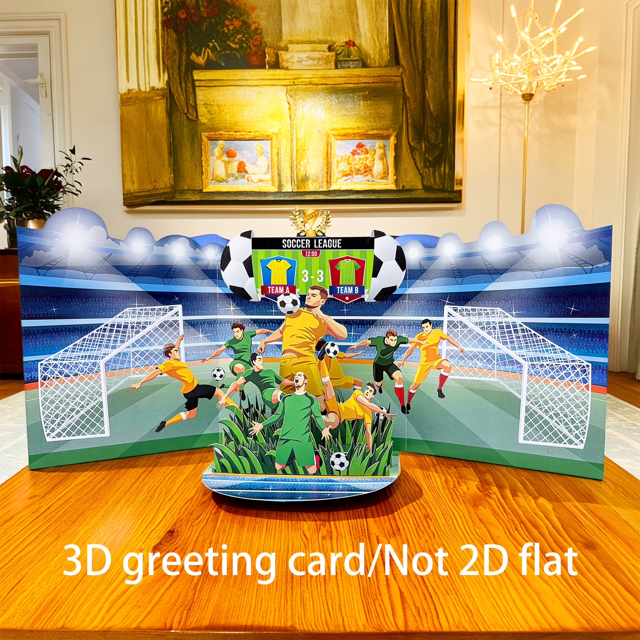 TEMU 1 шт. 3D стереоскопічна футбольна вітальна листівка, 3D листівка на футбольну тематику з результатом 3-3, креативна листівка "Команда А проти