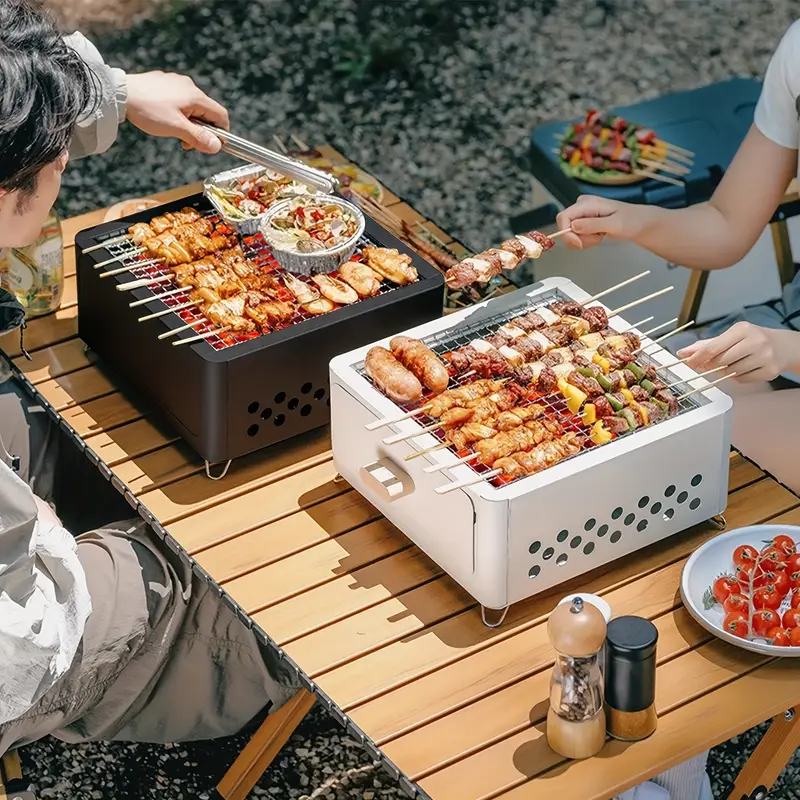 west tune outdoor square charcoal grill with drawer portable multi purpose wooden barbecue stand for camping picnics outdoor activities ideal for grilling iron painted Product details 1