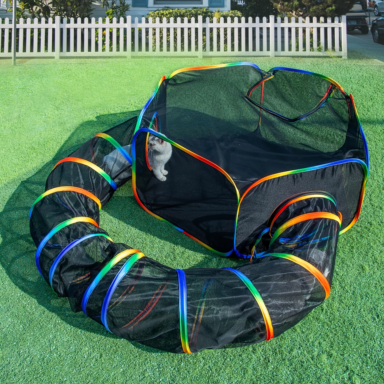 TEMU Rainbow Cat Paradise Outdoor Enclosure - Portable Tent & Playpen Tunnel For Indoor Cats, Kittens & Small Animals With Bag