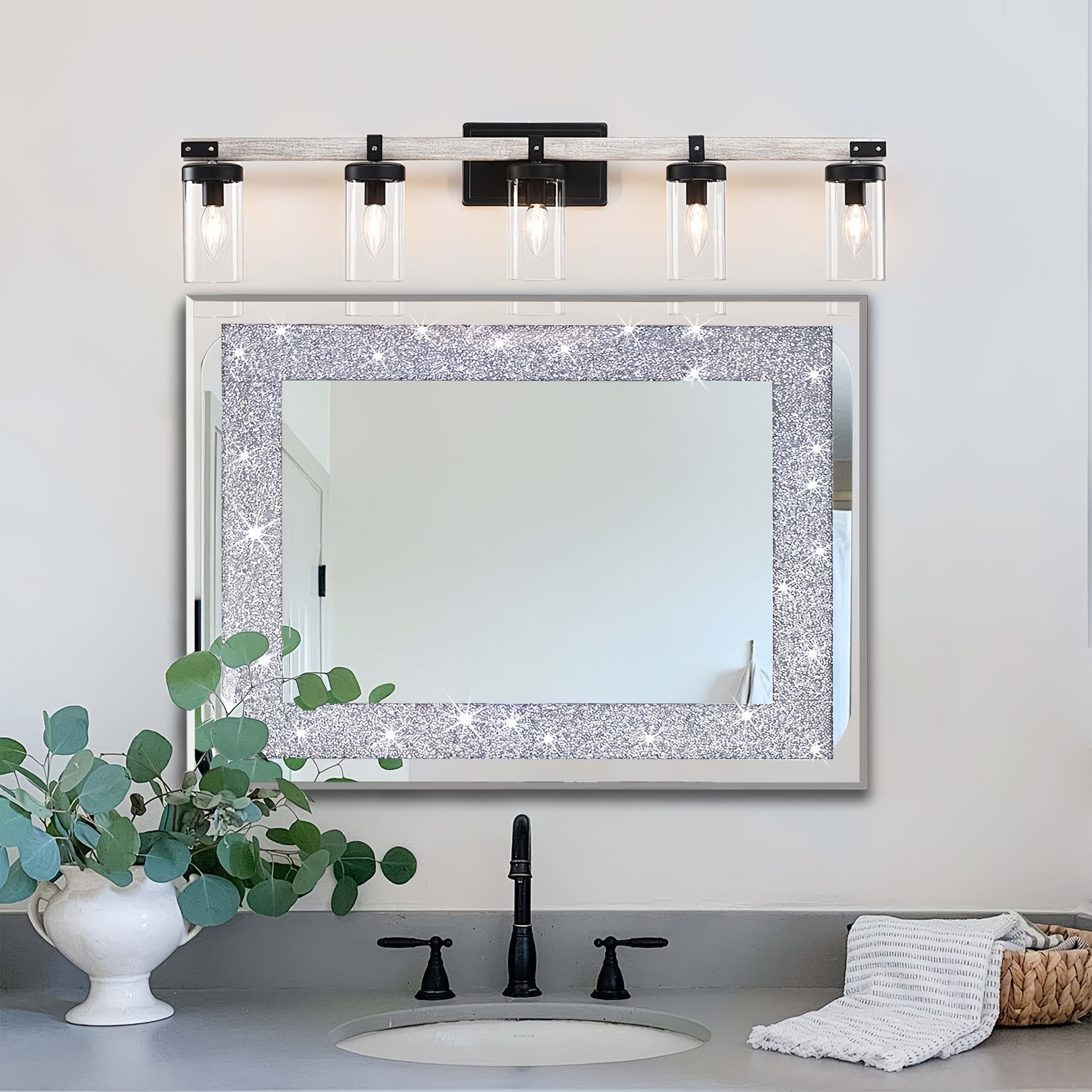 A Luxurious, Sparkling Rectangular Mirror With Diamond On The Wall