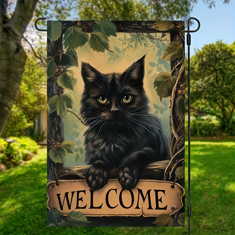 

1pc, 18x12inch Black Kitten Welcome Garden Flag, Spring Summer Autumn Winter Wildlife, Double Sided Garden Yard Flag, Home Decor, Outdoor Decor, Yard Decor, Garden Decor, Holiday Decor, No Flagpole