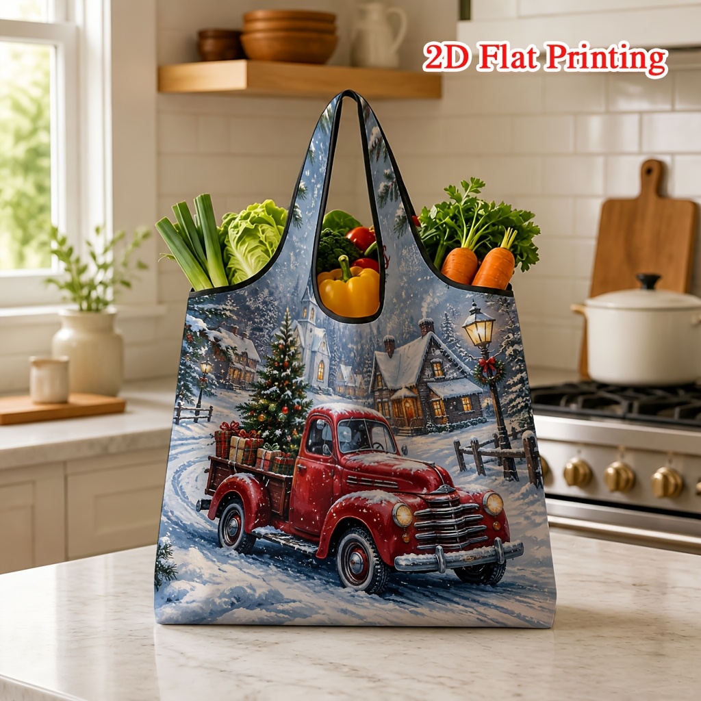 TEMU 1 sac de courses imprimé 2D avec motif de camion rouge de Noël dans , grand sac à main portable adapté au shopping et aux voyages, lavable en