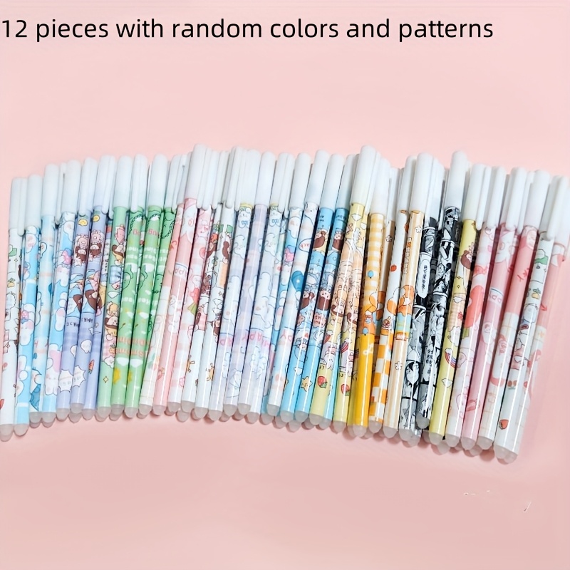 TEMU 12pcs Student-specific Erasable Gel Pens, 0.5mm Black And Blue Dual Colors, Random Colors And Patterns, For Correcting Writing
