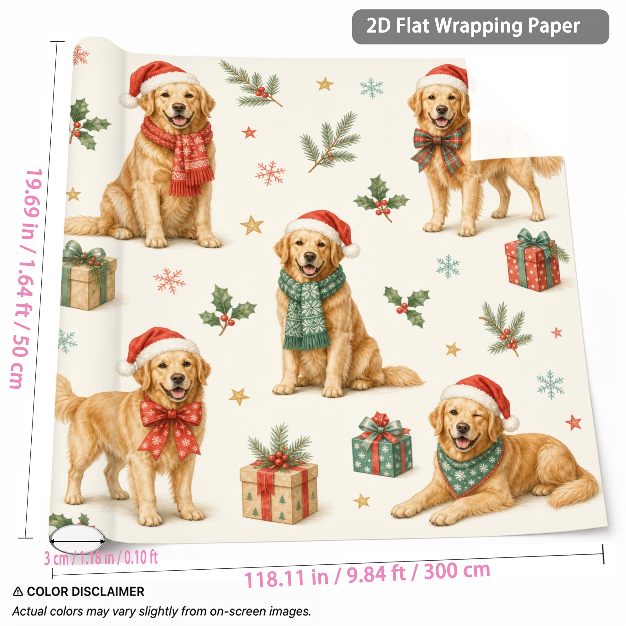 TEMU 1 Rouleau de Papier Cadeau à Motif Chien de Noël 1,64ft X 9,84ft pour Emballage de Cadeaux, Fêtes d'Année, Noël, An, Anniversaire