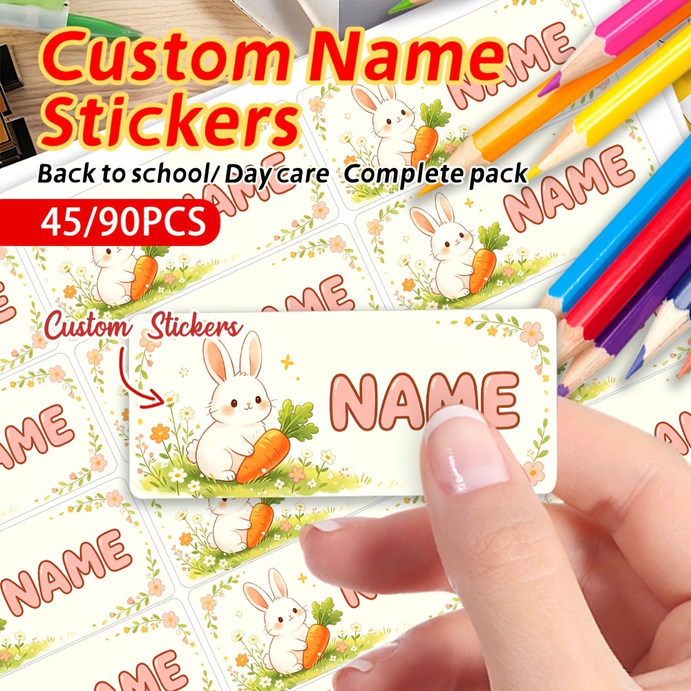 45/90pcs Cute Rabbit Holding Carrot Custom Name Stickers