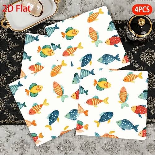 4pcs 2d flat colorful fish themed decorative flat napkins polyester square printed ideal for daily use festive parties gifts for suitable for cafes dinner parties valentines day halloween