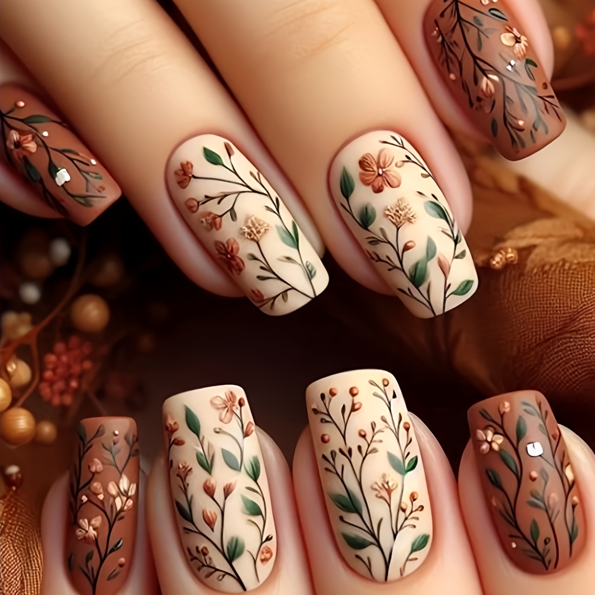 

1 Set Autumn Winter Brown Floral Press-on Nails, Mixed Color Ballet Nail Tips With 3d , Medium Length Nail Art Kit