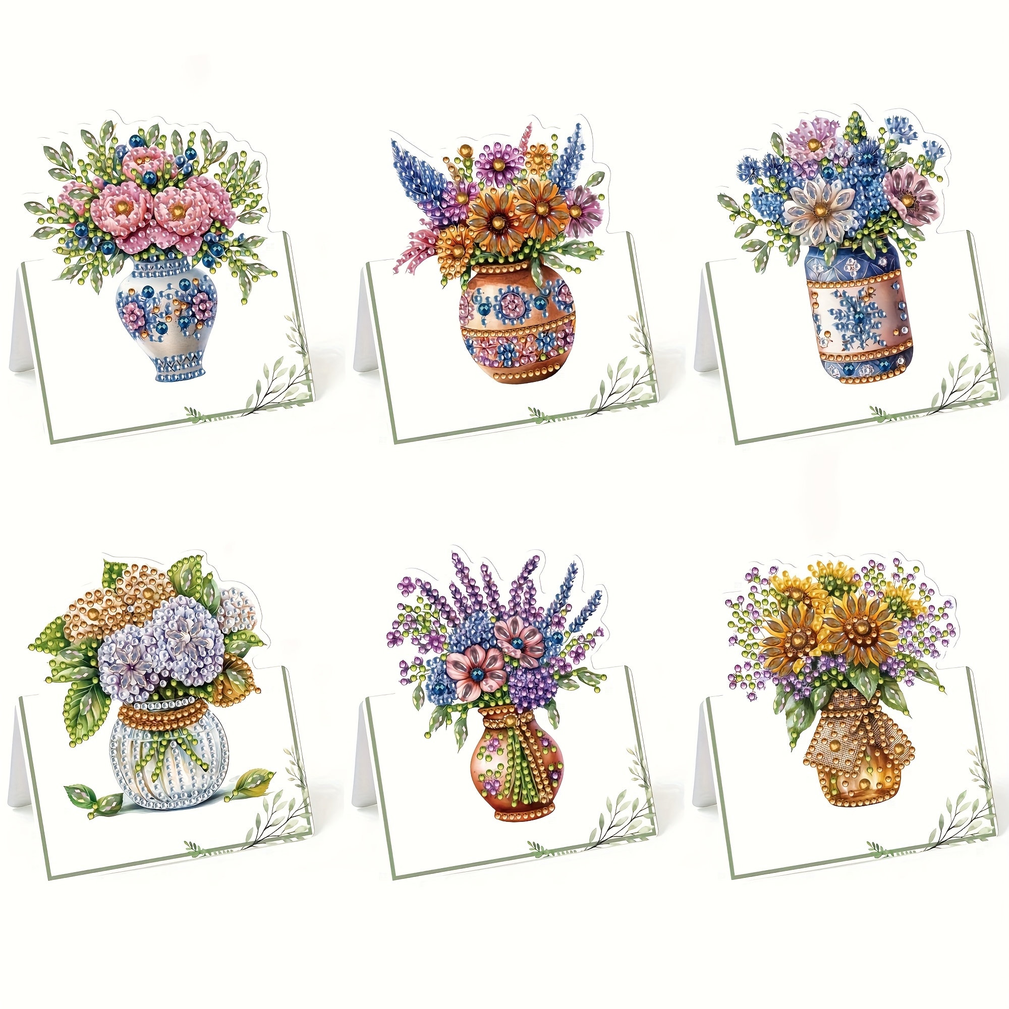 TEMU A Set Of 6 Beautiful Vase-themed Diamond Painting Greeting Cards, Shaped Rhinestone Painting Crafts, New 3d Pop-up Cards, Includes 6 Envelopes,