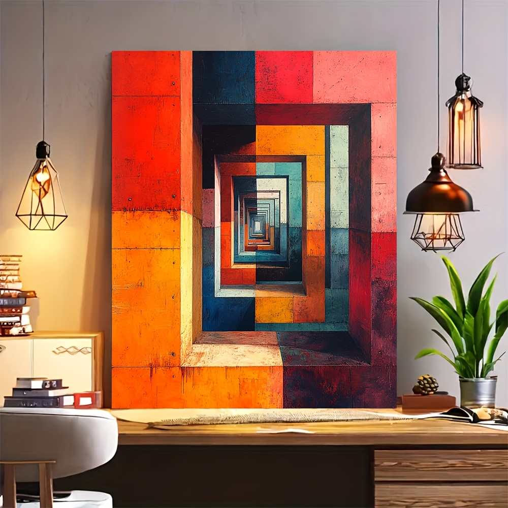TEMU 1pièce Impression d'art rectangulaire prismatique inspirée d', décoration murale en toile de 12x16 pouces avec cadre en bois, abstraite pour
