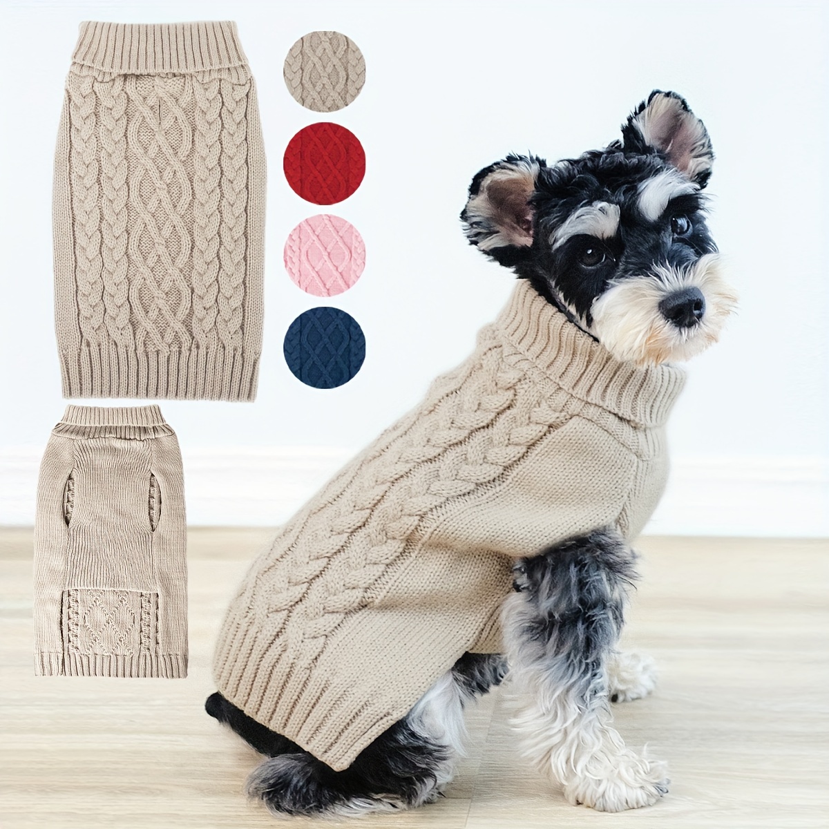 

Dog Sweaters For Small Puppy Turtleneck, Doggie Cable Knit Pet Sweater With Classic Pattern For Cold Weather, Khaki Color Christmas Gift