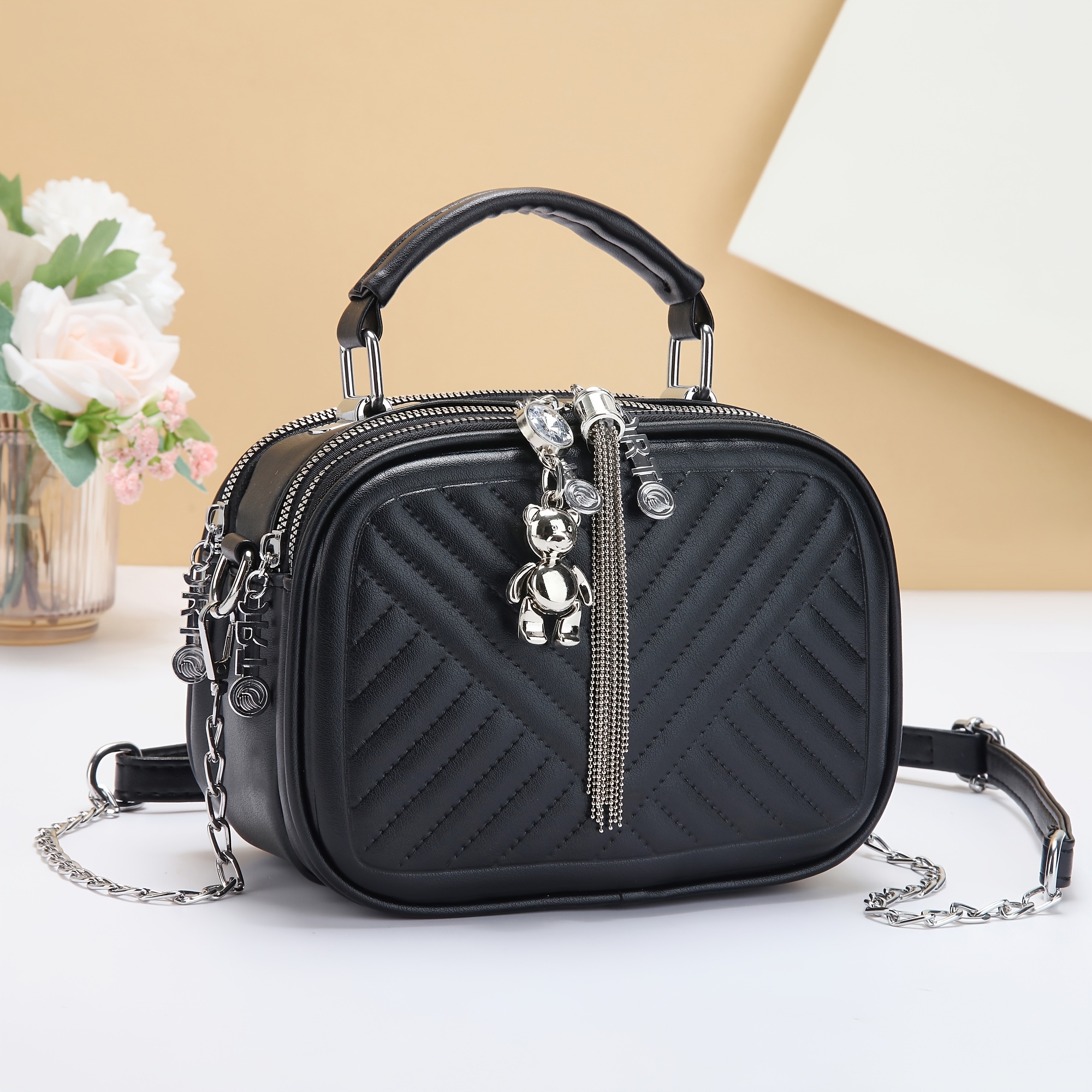 Image of Women's Checkered Crossbody Bag With Detachable Strap - Large Capacity Square Handbag, Zipper Closure Suitable For,, Travel, Daily Use, /tan//